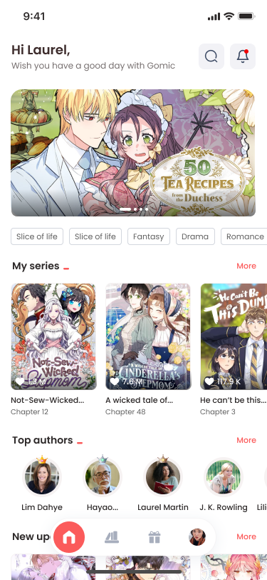 Home screen - personalised greeting, hero banner, My Series, Top Authors
