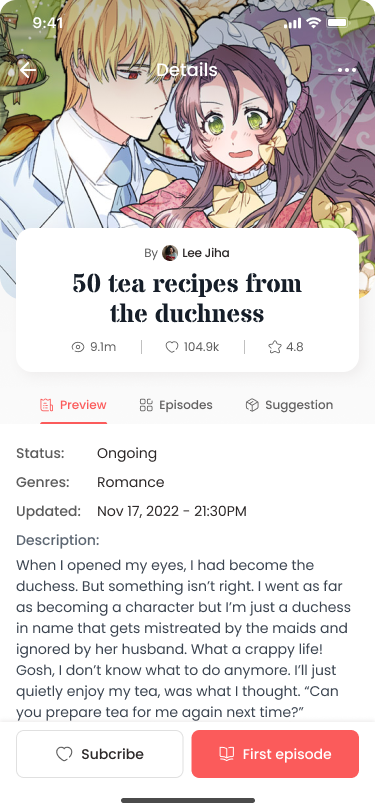 Series detail - Preview tab with description and First episode CTA