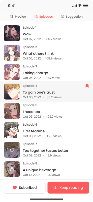 Episodes list - ordered chapters with thumbnails, dates, and views