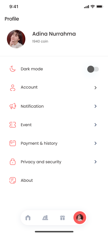 Profile screen - user details, coin balance, settings menu